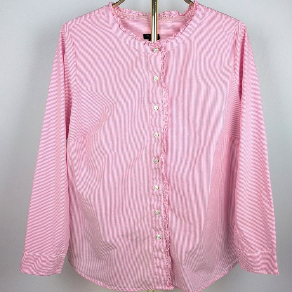 Talbots Women 1XP Shirt Pink White Stripe Ruffle Pearl Button Cotton Blouse